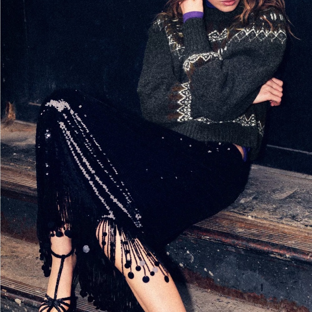 Zara Black Skirt with Beaded Fringe